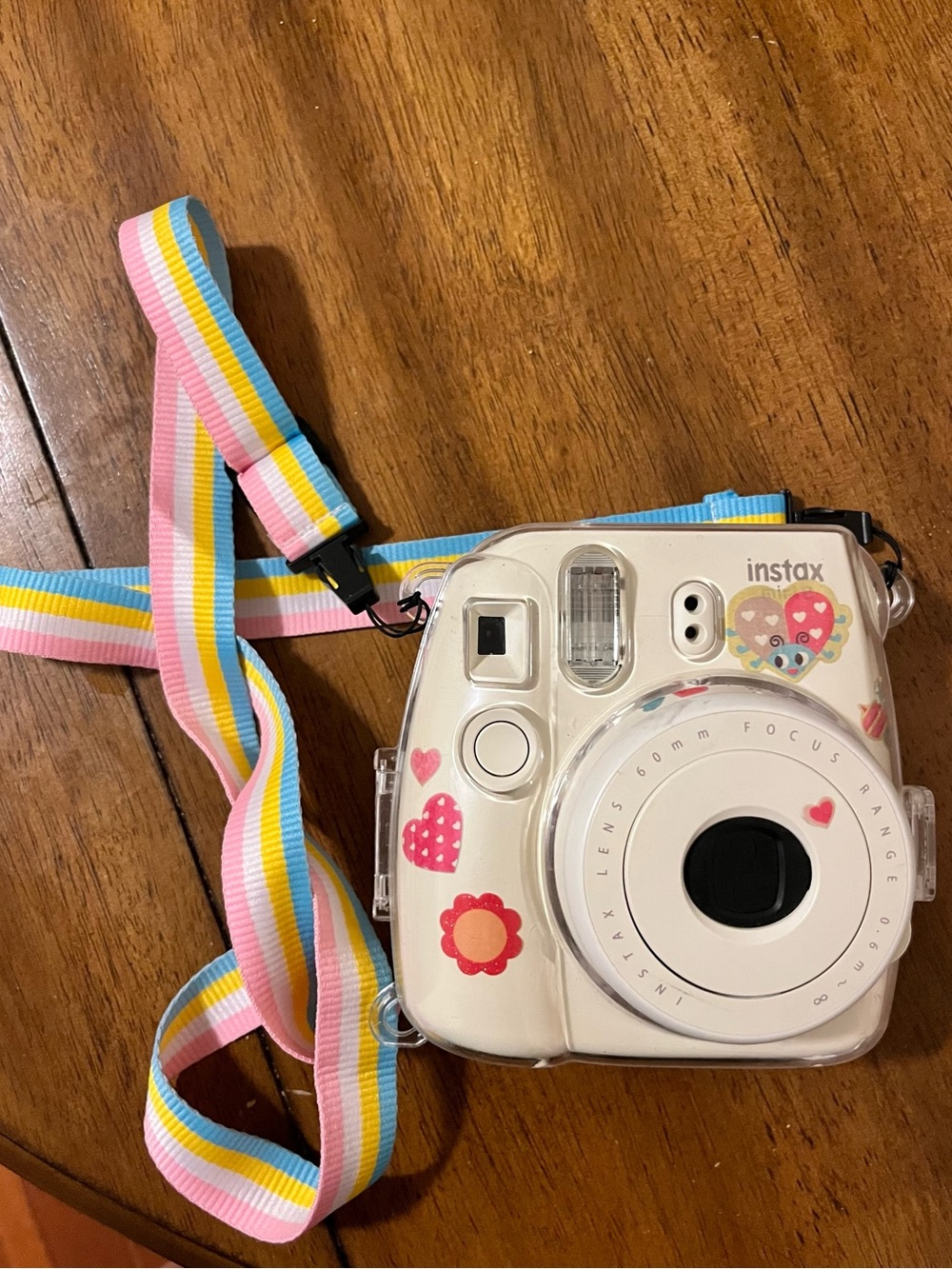 Instax Mini Instant Camera in Cream with Pink and Blue Strap